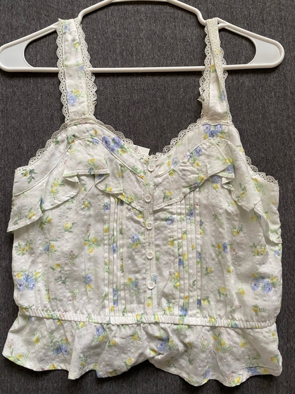 Women's Floral Ruffle Camisole Tank Top - White with Blue & Yellow Flowers